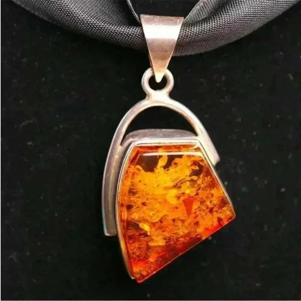 Large Honey Amber Pendant in Sterling Silver Modern Art Design